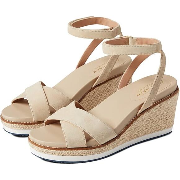 NWT Cole Haan Women's Cloudfeel Espadrille Wedge Flat Sandal, Sesame Suede-S 10 - Picture 1 of 2